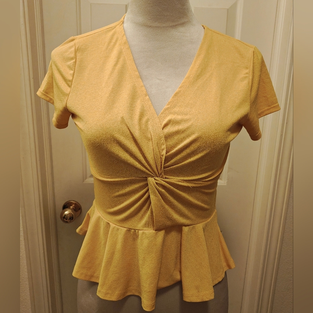 Y2K Evolutionary Yellow Peplum Top w Twist Front Knot Detail.